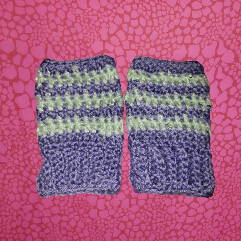 Purple and Green Crochet Sequined Fingerless Gloves